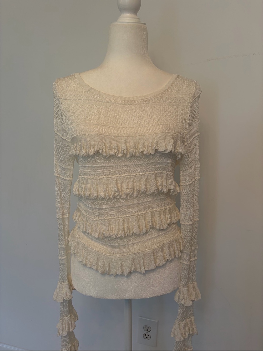 Cream Crochet Mesh Ruffle Knit Long-Sleeve Top